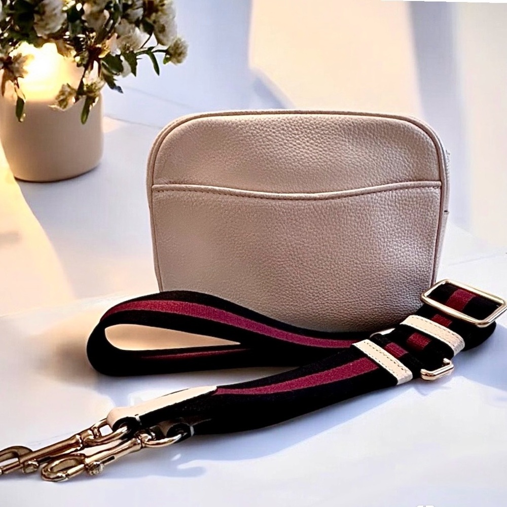 Coach Cream Crossbody Bag with Black and Burgundy Stripe Strap - Picture 15 of 16